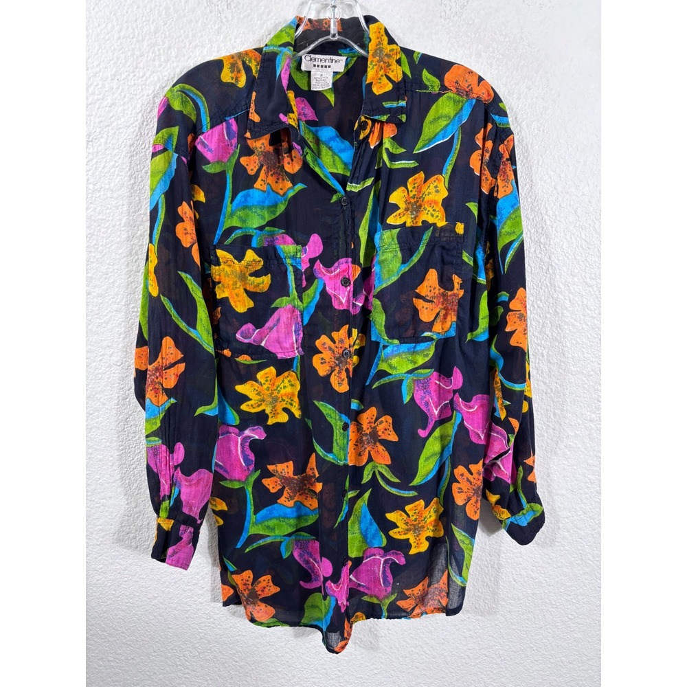 Clementine Button Up Shirt Women Medium Black Floral Gauzy Sheer Vintage Tunic
